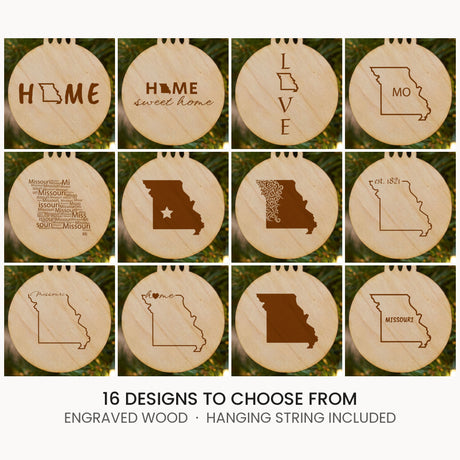Missouri wood Christmas ornament, laser engraved natural wood