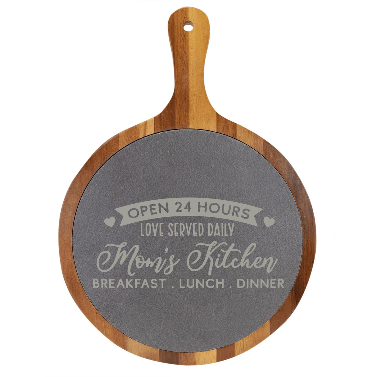 "Mom's Kitchen" Round Acacia Wood/Slate Cutting Board - Laser Engraved