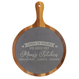 "Mom's Kitchen" Round Acacia Wood/Slate Cutting Board - Laser Engraved