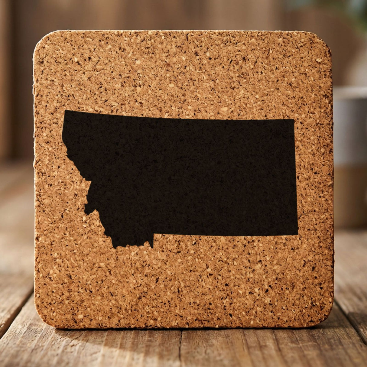 Montana square cork coaster with the full state shape engraved