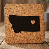 Montana square cork coaster engraved with the state shape and a heart