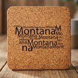 Montana square cork coaster engraved with a word cloud of repeating Montana text