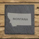 Montana square slate coaster engraved with the state shape and MONTANA in bold lettering