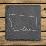 Montana square slate coaster engraved with a hand-drawn state outline and love in cursive