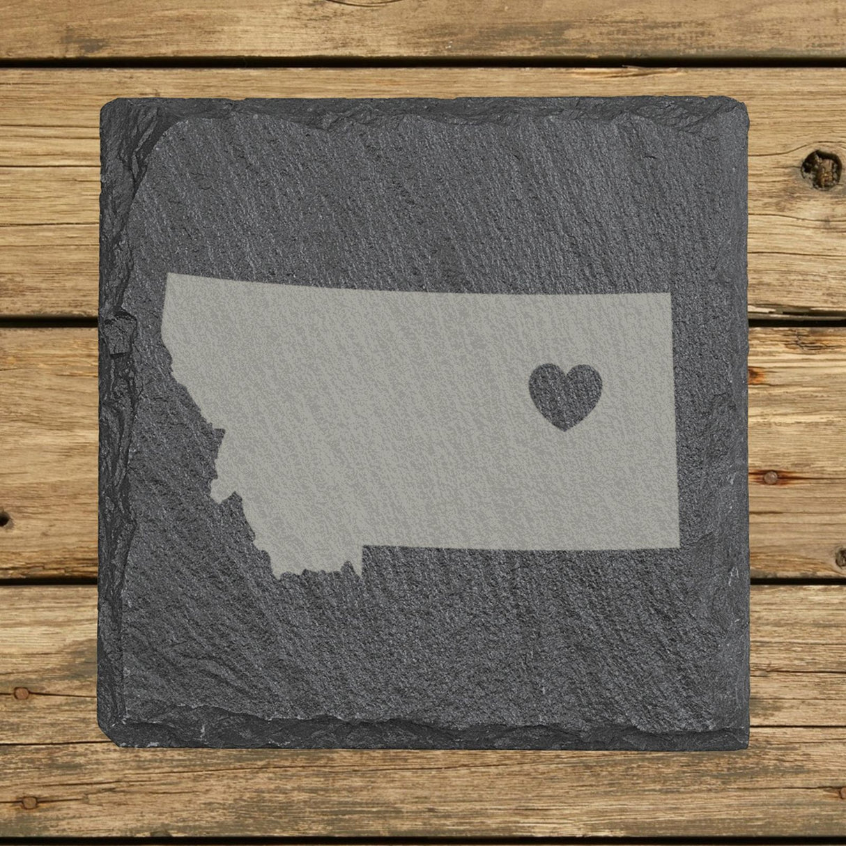 Montana square slate coaster engraved with the state shape and a heart