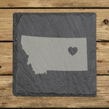 Montana square slate coaster engraved with the state shape and a heart