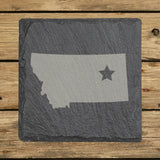 Montana square slate coaster engraved with the state shape and a star