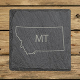 Montana square slate coaster engraved with the state outline and MT initials