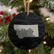Montana round slate Christmas ornament engraved with the state shape in ornate floral scrollwork