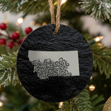 Montana round slate Christmas ornament engraved with the state shape in ornate floral scrollwork