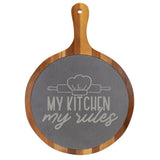 "My Kitchen, My Rules" Round Acacia Wood/Slate Cutting Board - Laser Engraved