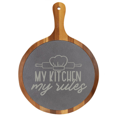 "My Kitchen, My Rules" Round Acacia Wood/Slate Cutting Board - Laser Engraved