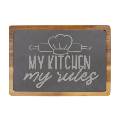 My Kitchen, My Rules Engraved Acacia Wood & Slate Cutting Board