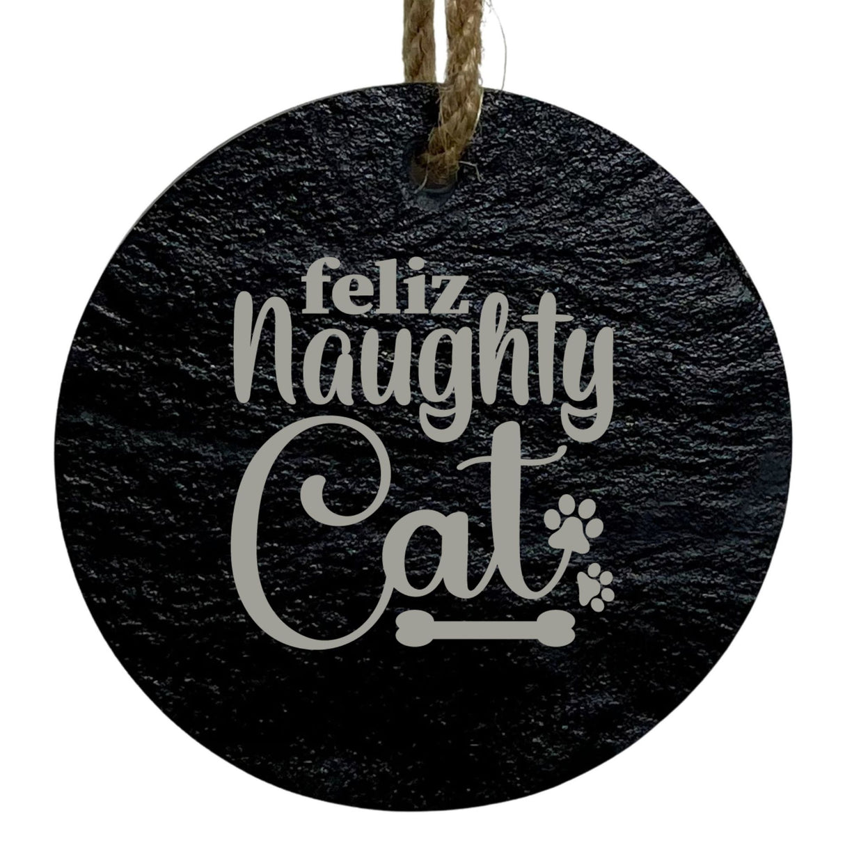 Feliz Naughty Cat 3-Inch Round Ornament – Laser Etched High-Quality Slate
