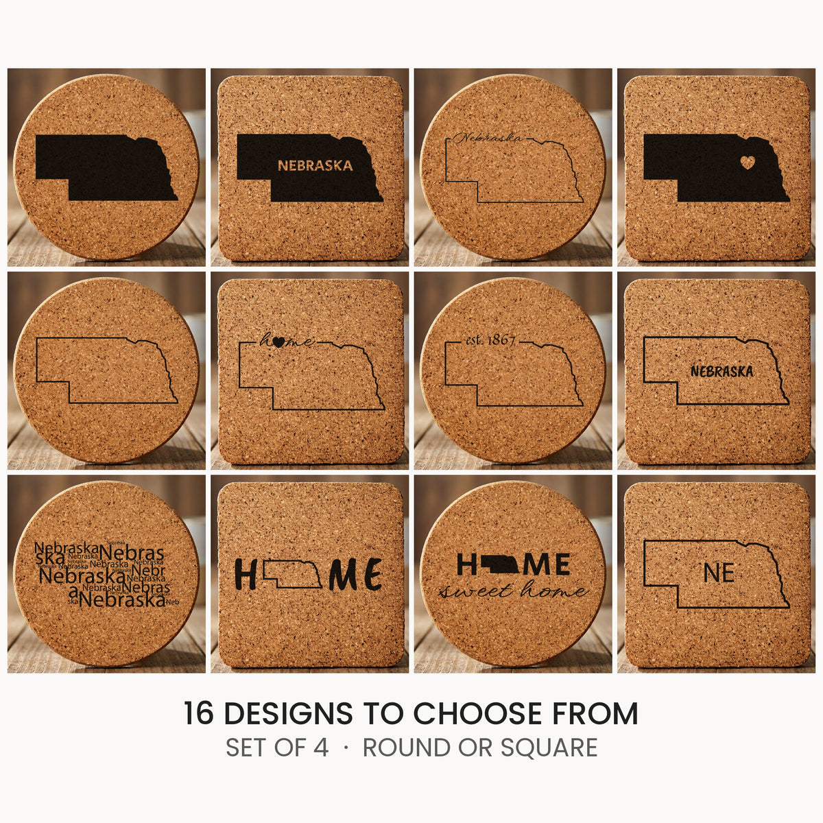 Nebraska cork coaster set, laser engraved natural cork