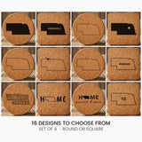 Nebraska cork coaster set, laser engraved natural cork