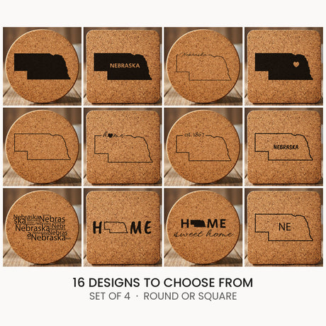 Nebraska cork coaster set, laser engraved natural cork