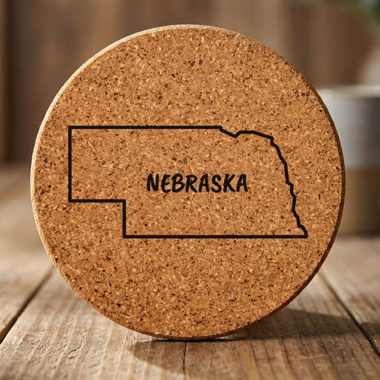 Nebraska round cork coaster engraved with the state outline and NEBRASKA in hand-drawn brush lettering