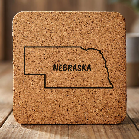 Nebraska square cork coaster engraved with the state outline and NEBRASKA in hand-drawn brush lettering