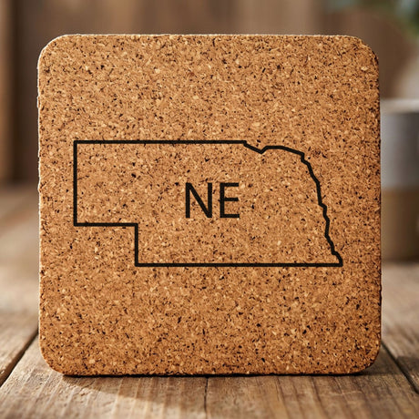 Nebraska square cork coaster engraved with the state outline and NE initials