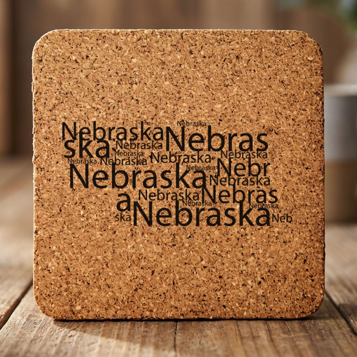 Nebraska square cork coaster engraved with a word cloud of repeating Nebraska text