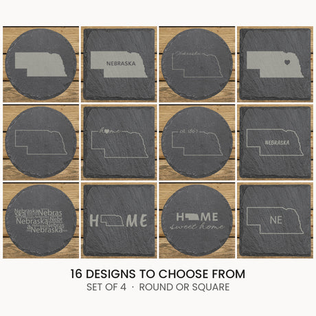 Nebraska slate coaster set, laser engraved natural stone