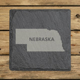 Nebraska square slate coaster engraved with the state shape and NEBRASKA in bold lettering