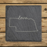 Nebraska square slate coaster engraved with a hand-drawn state outline and love in cursive