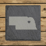 Nebraska square slate coaster engraved with the state shape and a heart