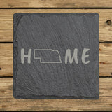 Nebraska square slate coaster engraved with HOME using the state outline as the letter O