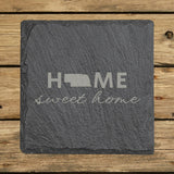 Nebraska square slate coaster engraved with HOME sweet home using the state shape as the letter O