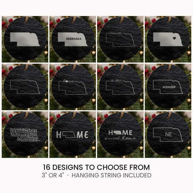 Nebraska slate Christmas ornament, laser engraved natural stone