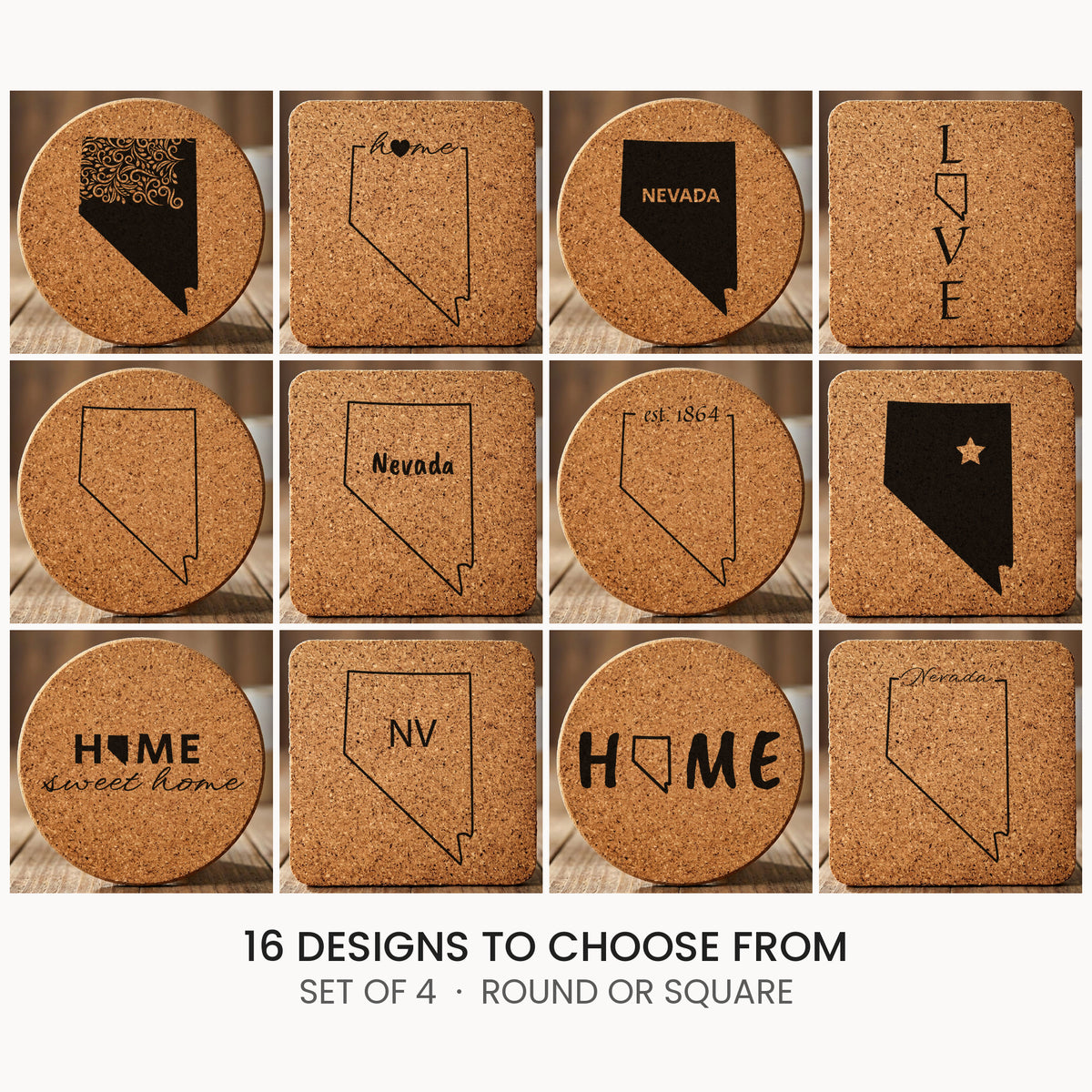 Nevada cork coaster set, laser engraved natural cork