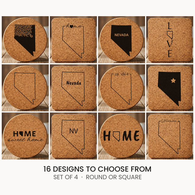 Nevada cork coaster set, laser engraved natural cork