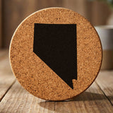 Nevada round cork coaster with the full state shape engraved