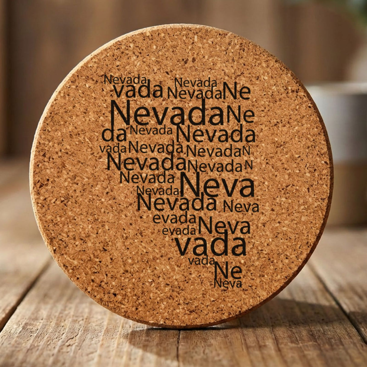 Nevada round cork coaster engraved with a word cloud of repeating Nevada text
