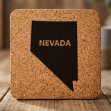 Nevada square cork coaster engraved with the state shape and NEVADA in bold lettering