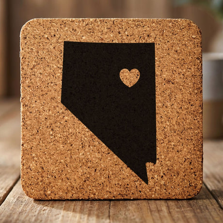 Nevada square cork coaster engraved with the state shape and a heart