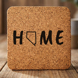 Nevada square cork coaster engraved with HOME using the state outline as the letter O