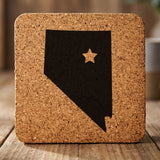 Nevada square cork coaster engraved with the state shape and a star