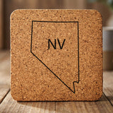 Nevada square cork coaster engraved with the state outline and NV initials