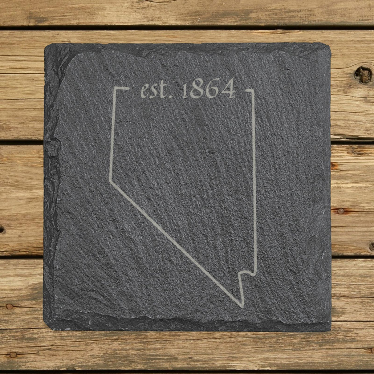 Nevada square slate coaster engraved with the state outline and est. 1864