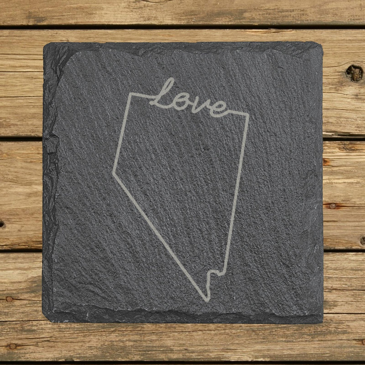 Nevada square slate coaster engraved with a hand-drawn state outline and love in cursive