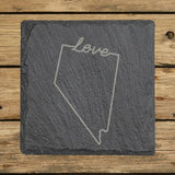Nevada square slate coaster engraved with a hand-drawn state outline and love in cursive