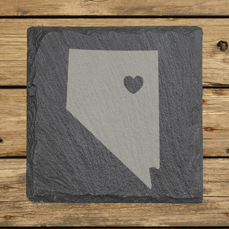 Nevada square slate coaster engraved with the state shape and a heart