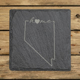 Nevada square slate coaster engraved with the state outline and home in script with a heart