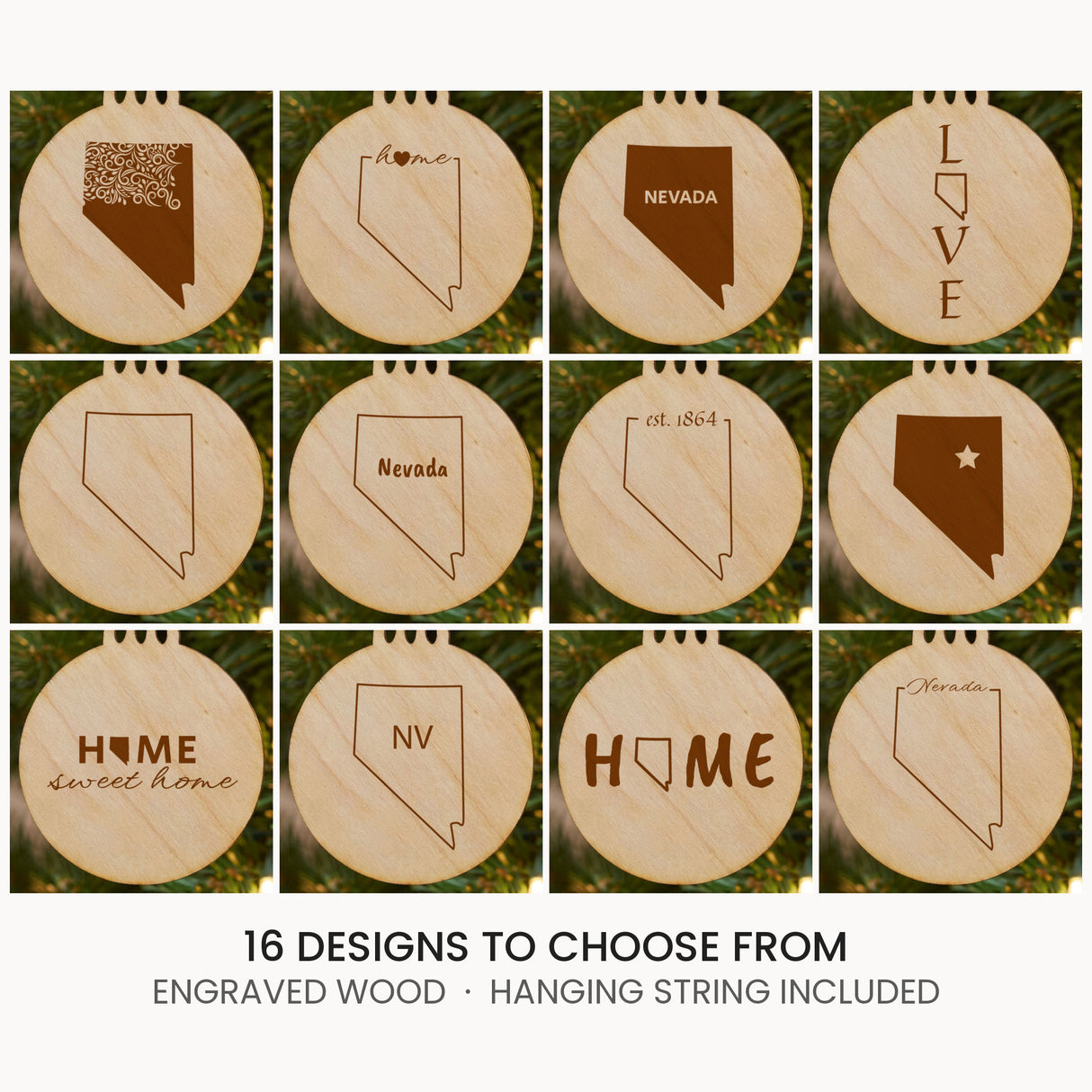 Nevada wood Christmas ornament, laser engraved natural wood