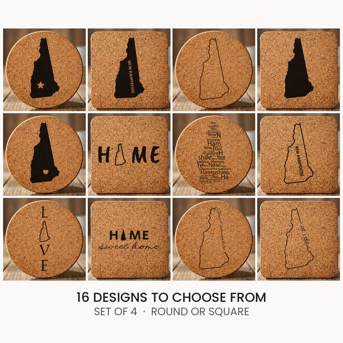 New Hampshire cork coaster set, laser engraved natural cork