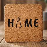 New Hampshire square cork coaster engraved with HOME using the state outline as the letter O