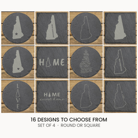 New Hampshire slate coaster set, laser engraved natural stone